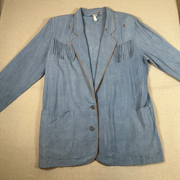 Vintage Western 3 Piece Set Blue Fringe Blazer Top Skirt Cactus Embroidery L - Picture 4 of 10